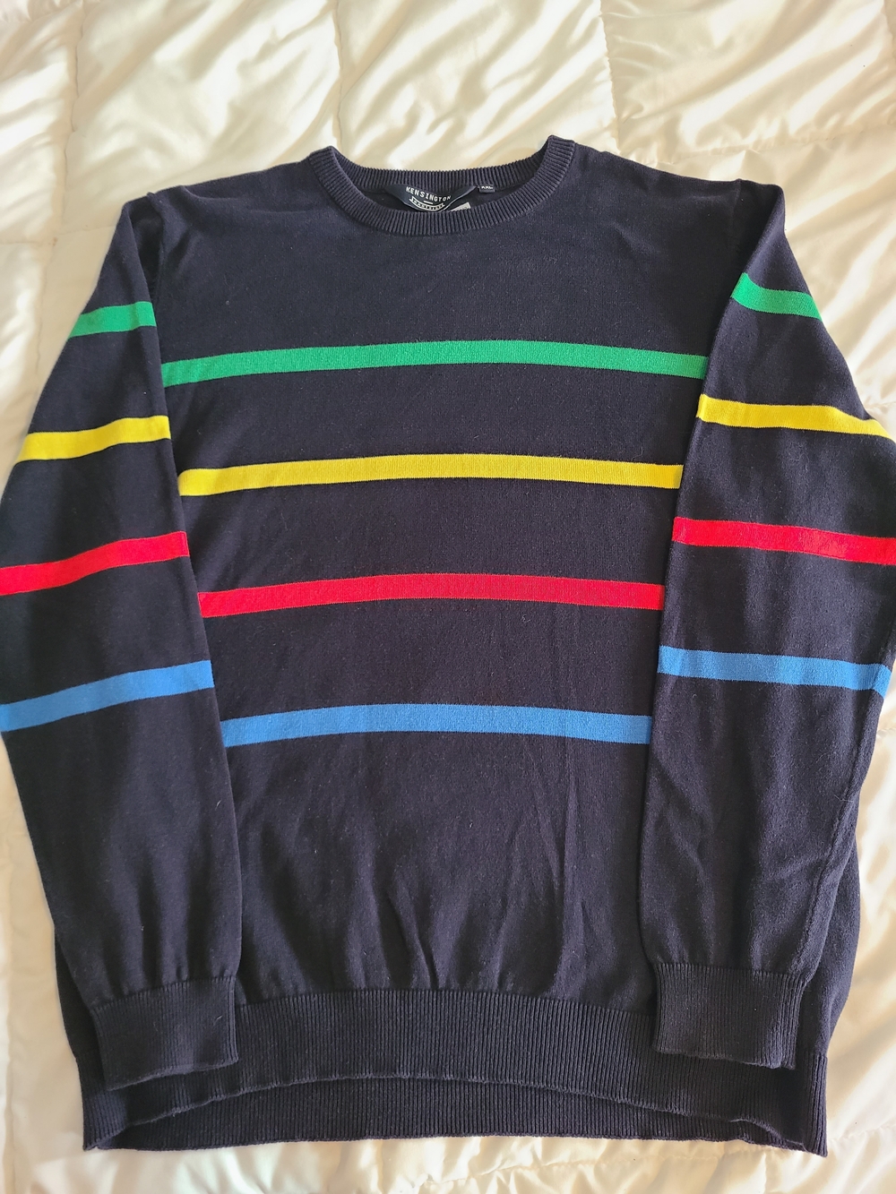 Men's Navy Crewneck Sweater with Multicolor Stripe Detail
